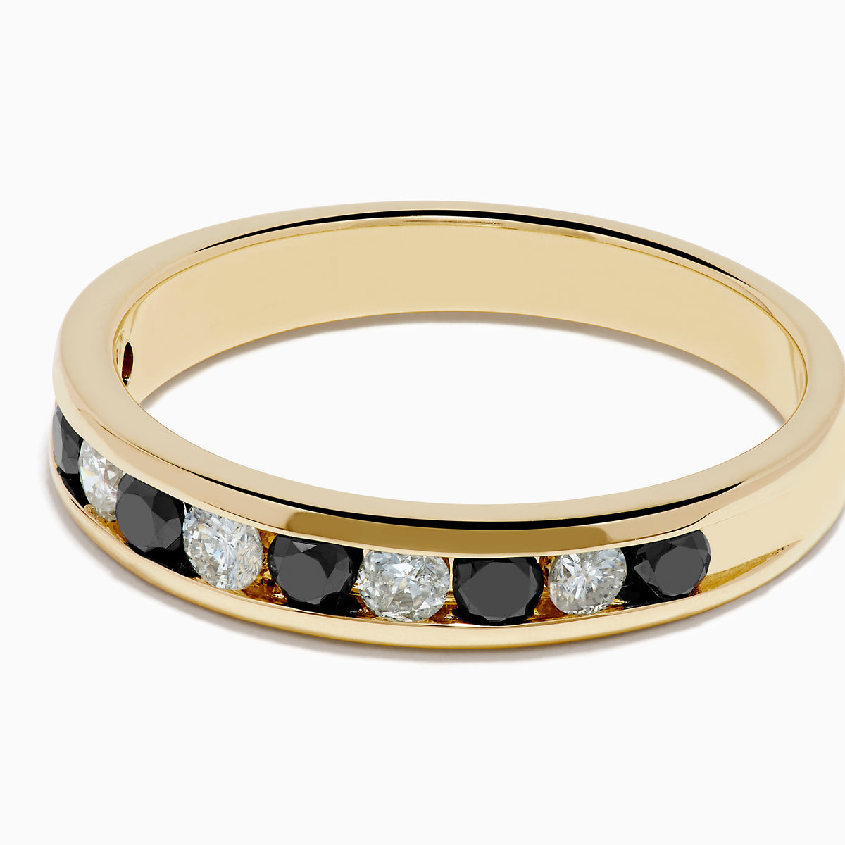 The Caviar 14K Yellow Gold Black and White Diamond Band Ring features alternating black and white diamonds in a channel setting, shown against a plain white background.