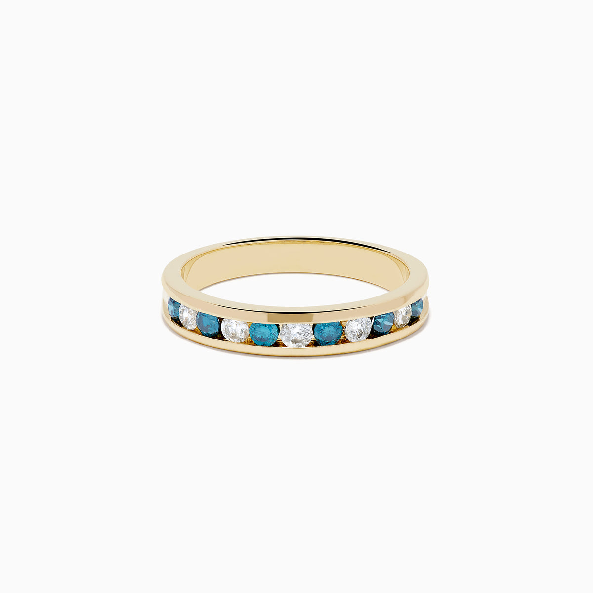 The Bella Bleu 14K Yellow Gold White and Blue Diamond Ring features alternating round blue and white diamonds in a single row, displayed on a plain white background.
