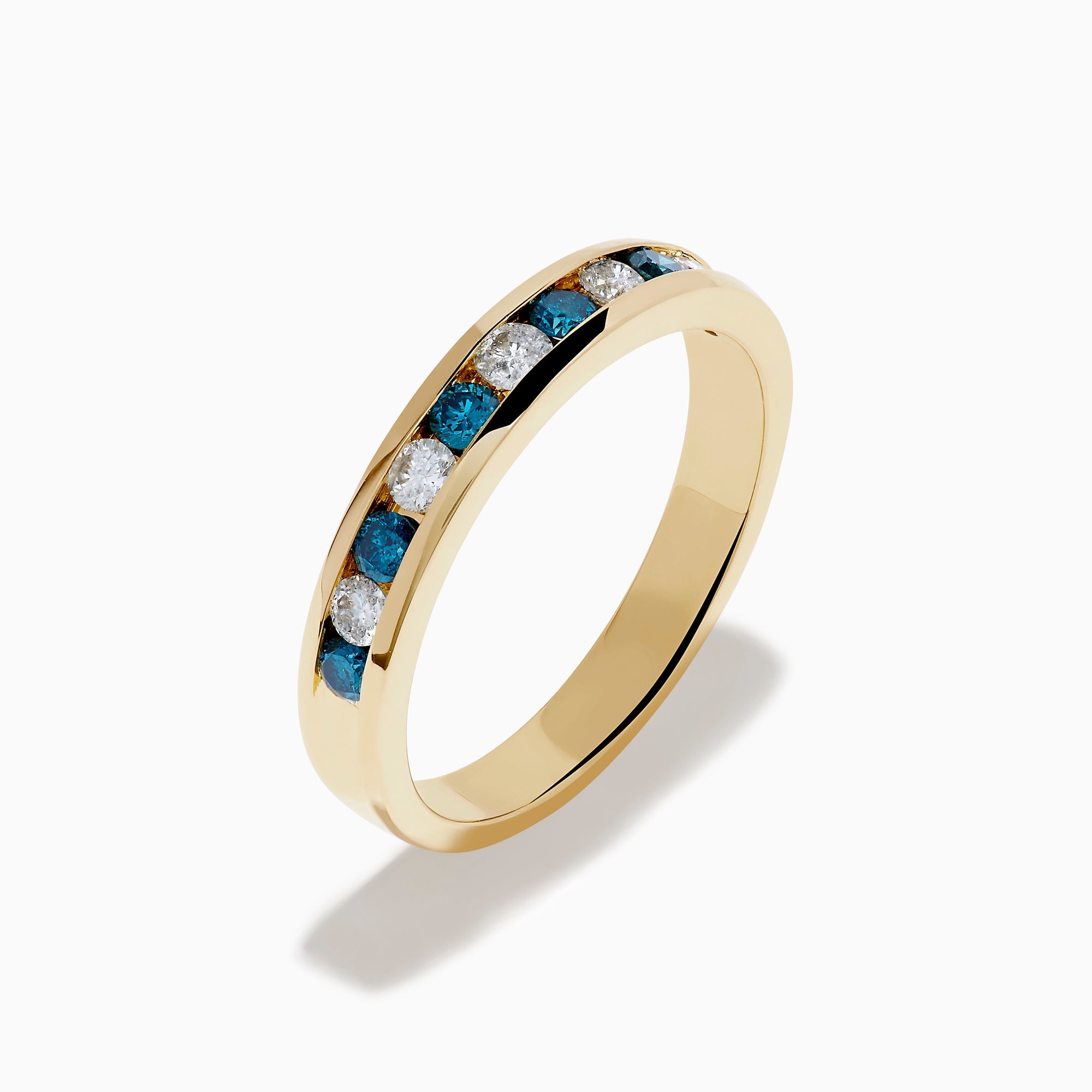The Bella Bleu 14K Yellow Gold White and Blue Diamond Ring features alternating round blue and white diamonds in a single row, displayed on a plain white background.