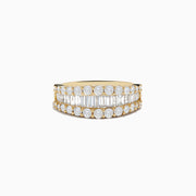 The Doro 14K Yellow Gold Diamond Band Ring 1.55 TCW features two rows of round diamonds and a central baguette diamond row, shown against a white background.