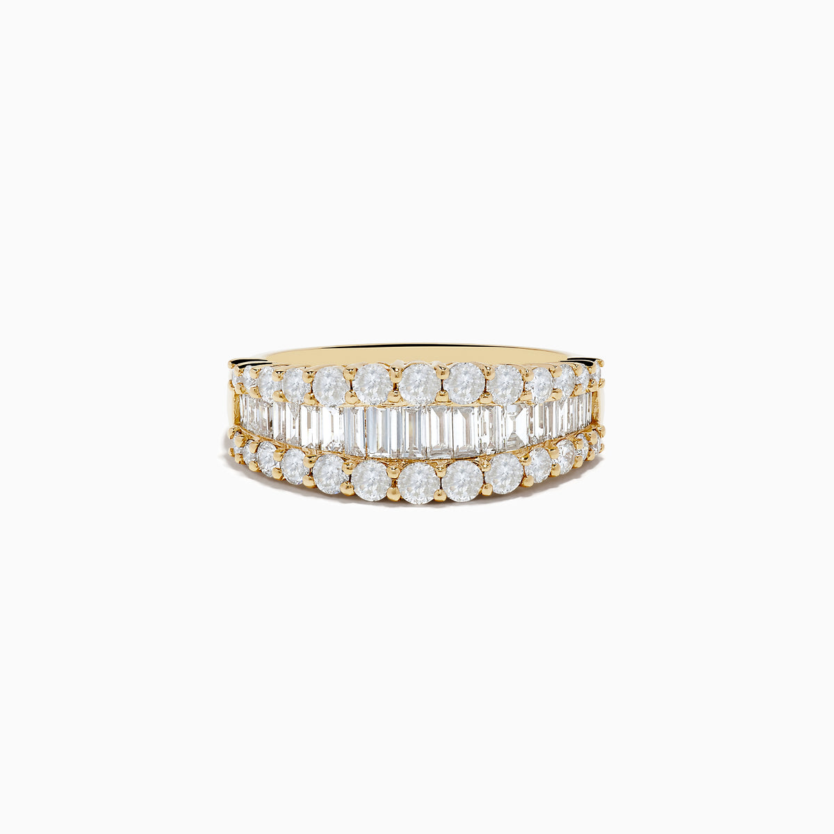 The Doro 14K Yellow Gold Diamond Band Ring 1.55 TCW features two rows of round diamonds and a central baguette diamond row, shown against a white background.