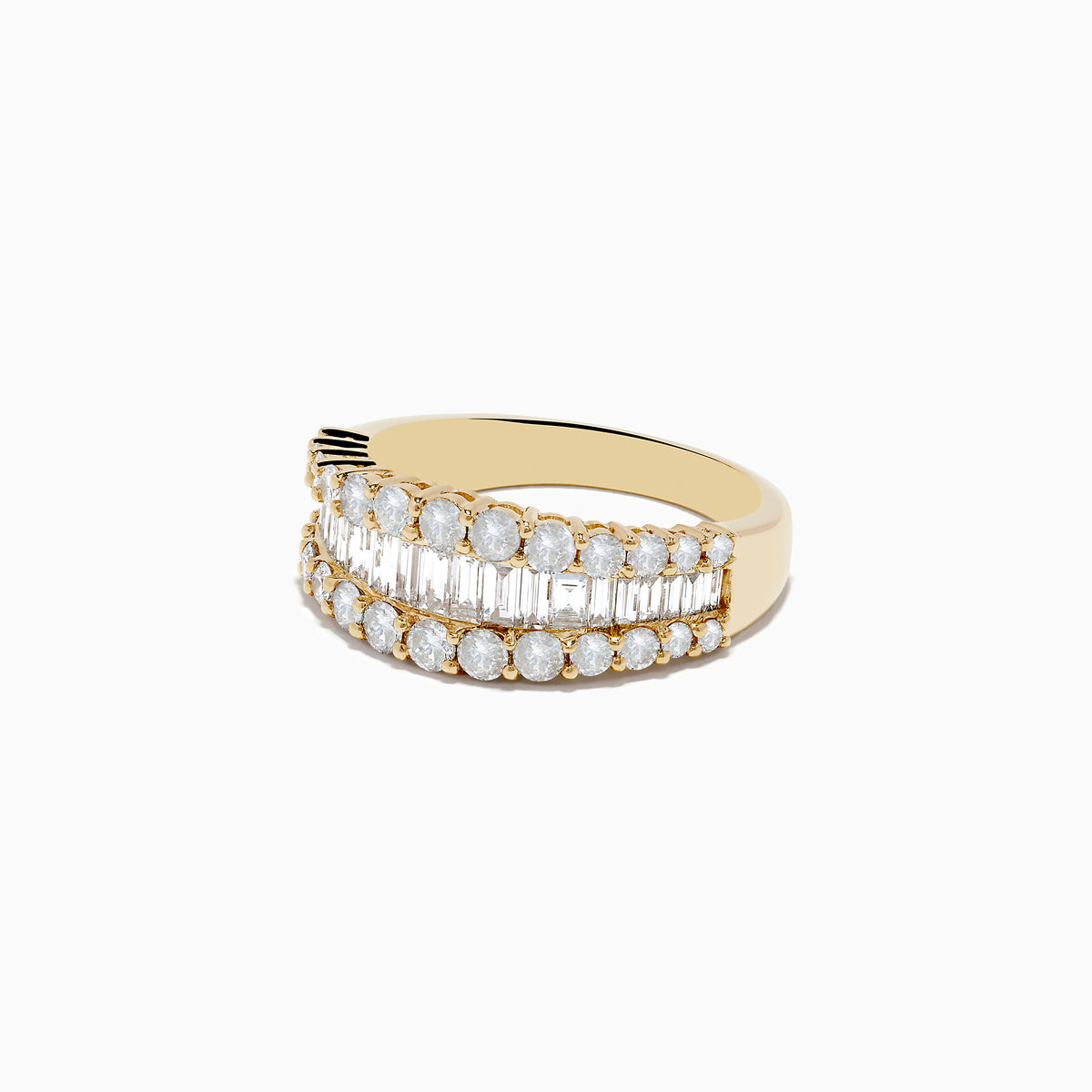 The Doro 14K Yellow Gold Diamond Band Ring 1.55 TCW features two rows of round diamonds and a central baguette diamond row, shown against a white background.