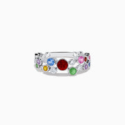 The Watercolors 14K White Gold Multi Sapphire and Diamond Ring showcases vibrant sapphires and sparkling diamonds of various sizes set around the white gold band.