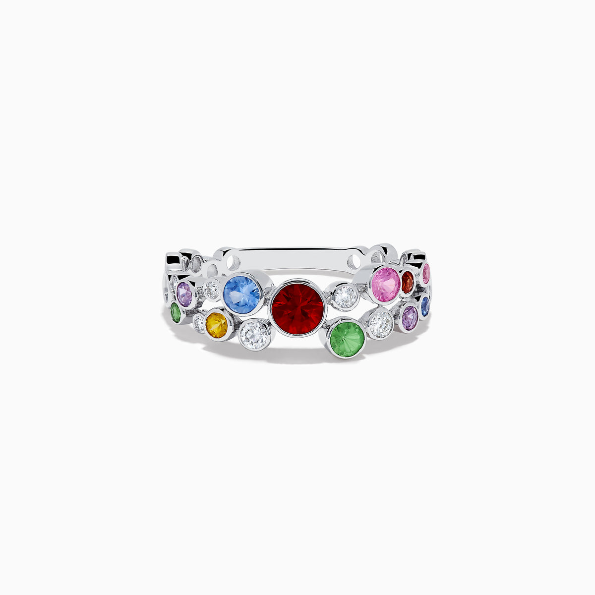 The Watercolors 14K White Gold Multi Sapphire and Diamond Ring showcases vibrant sapphires and sparkling diamonds of various sizes set around the white gold band.