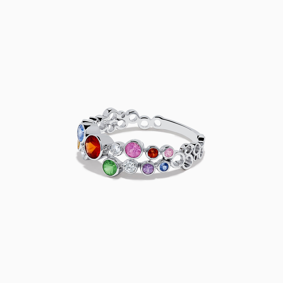 The Watercolors 14K White Gold Multi Sapphire and Diamond Ring showcases vibrant sapphires and sparkling diamonds of various sizes set around the white gold band.