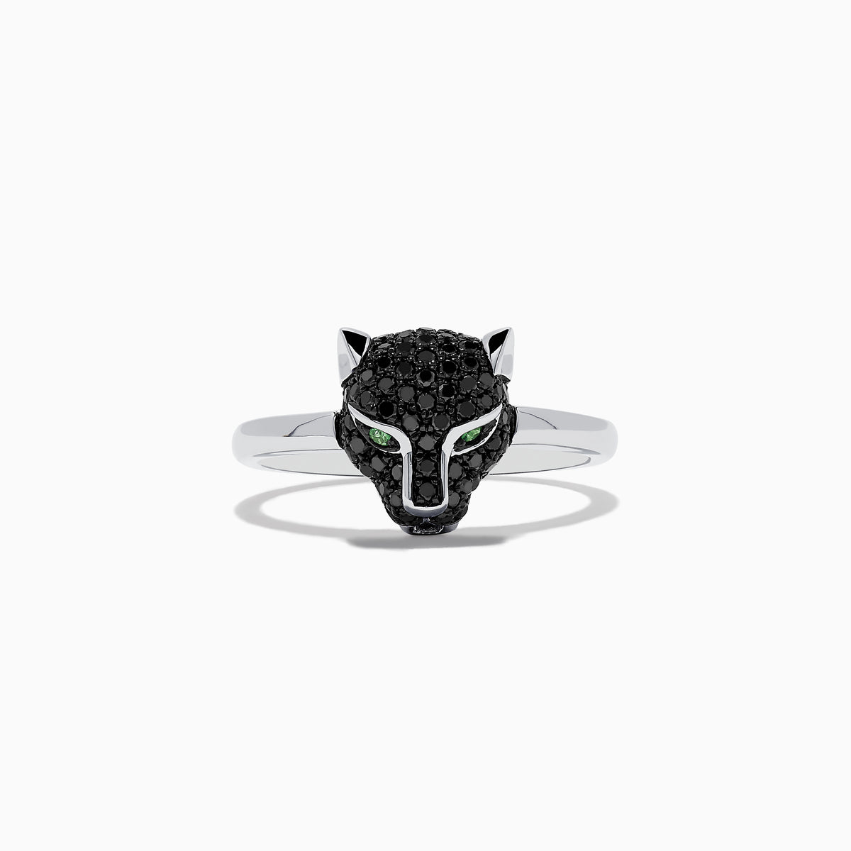 The Signature 14K White Gold Black Diamond Panther Ring features a panther head set with black diamonds and green gemstone eyes, displayed on a plain white background.