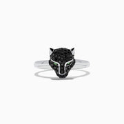 The Signature 14K White Gold Black Diamond Panther Ring features a panther head set with black diamonds and green gemstone eyes, displayed on a plain white background.