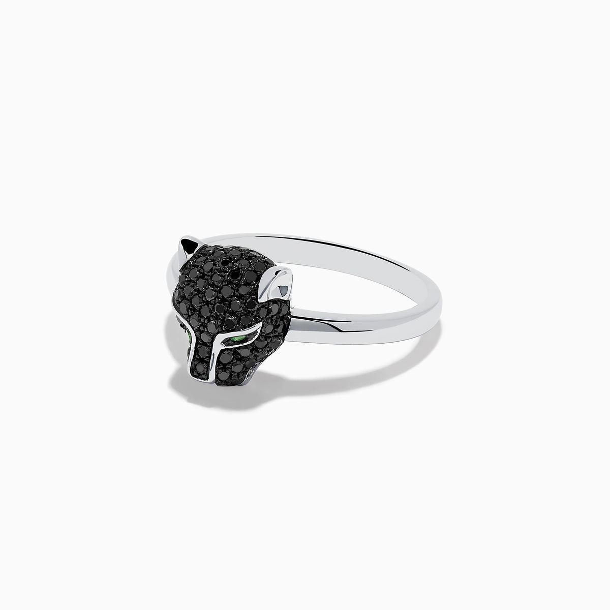 The Signature 14K White Gold Black Diamond Panther Ring features a panther head set with black diamonds and green gemstone eyes, displayed on a plain white background.