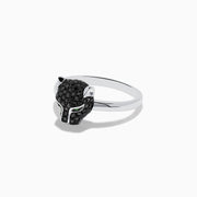 The Signature 14K White Gold Black Diamond Panther Ring features a panther head set with black diamonds and green gemstone eyes, displayed on a plain white background.