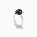The Signature 14K White Gold Black Diamond Panther Ring features a panther head set with black diamonds and green gemstone eyes, displayed on a plain white background.