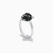 The Signature 14K White Gold Black Diamond Panther Ring features a panther head set with black diamonds and green gemstone eyes, displayed on a plain white background.