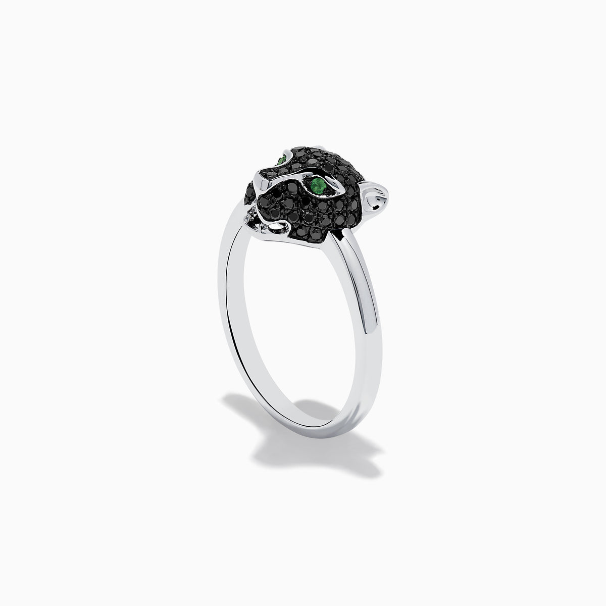 The Signature 14K White Gold Black Diamond Panther Ring features a panther head set with black diamonds and green gemstone eyes, displayed on a plain white background.