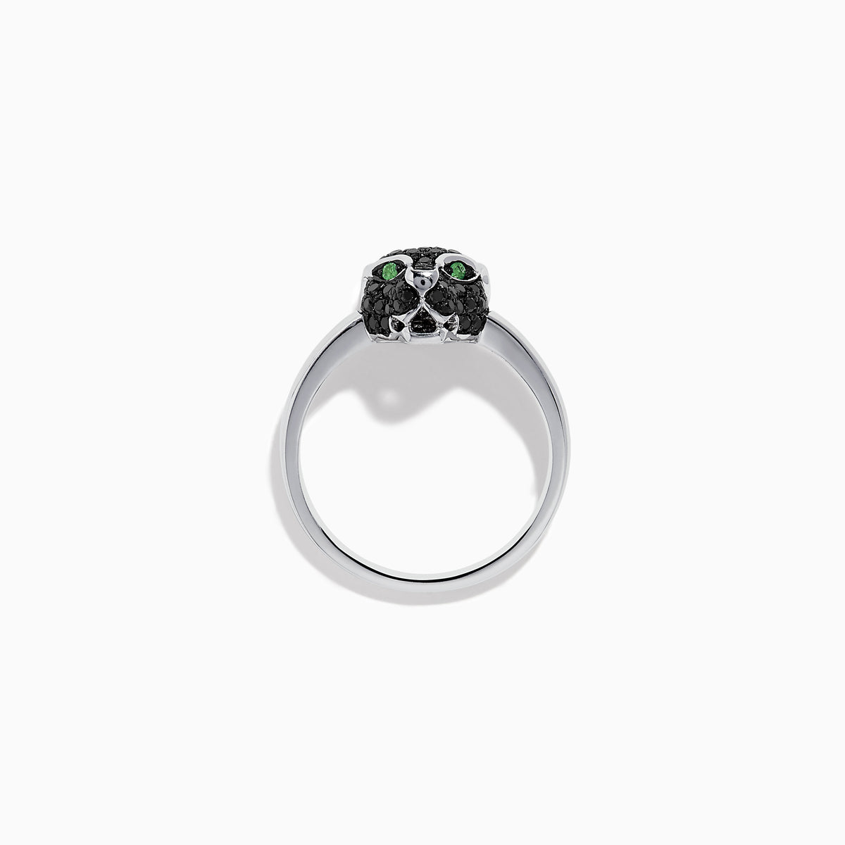 The Signature 14K White Gold Black Diamond Panther Ring features a panther head set with black diamonds and green gemstone eyes, displayed on a plain white background.