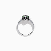 The Signature 14K White Gold Black Diamond Panther Ring features a panther head set with black diamonds and green gemstone eyes, displayed on a plain white background.