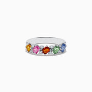 The Watercolors 14K White Gold Multi Sapphire and Diamond Ring showcases five rectangular sapphires in orange, pink, red, green, and blue, accented by small diamonds.