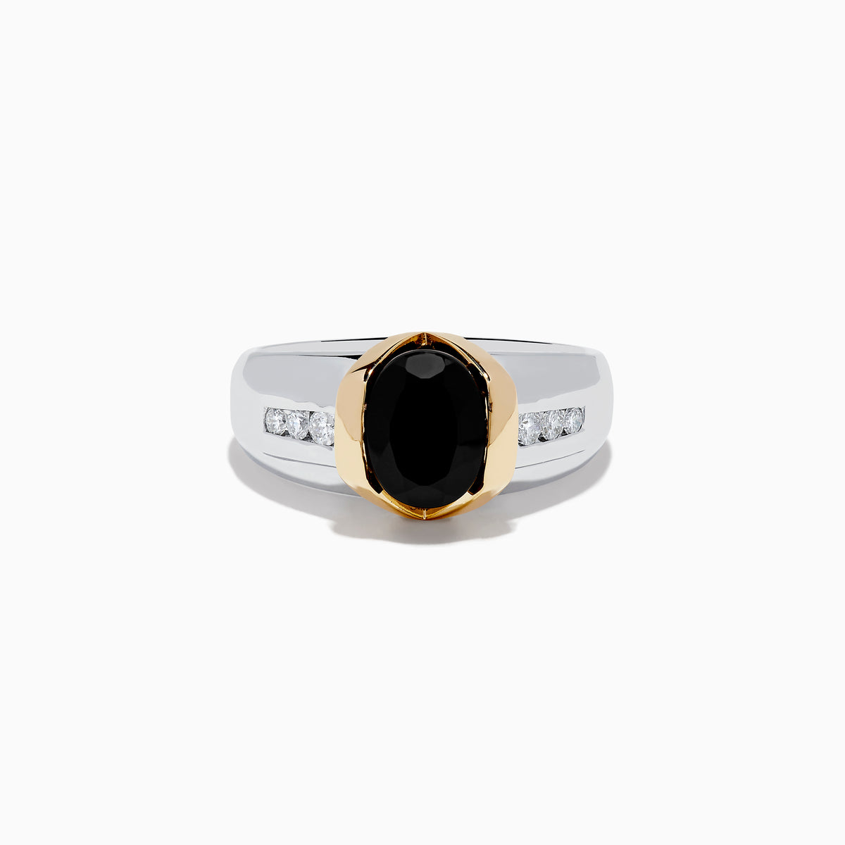 Mens 14K Two-Tone Onyx and Diamond Ring featuring a large oval onyx in a gold bezel, accented with diamonds on each side.