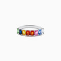 The Watercolors 14K White Gold Multi Sapphire Ring showcases a row of rectangular gemstones in green, blue, yellow, orange, red, pink, and clear hues set side by side across the band.