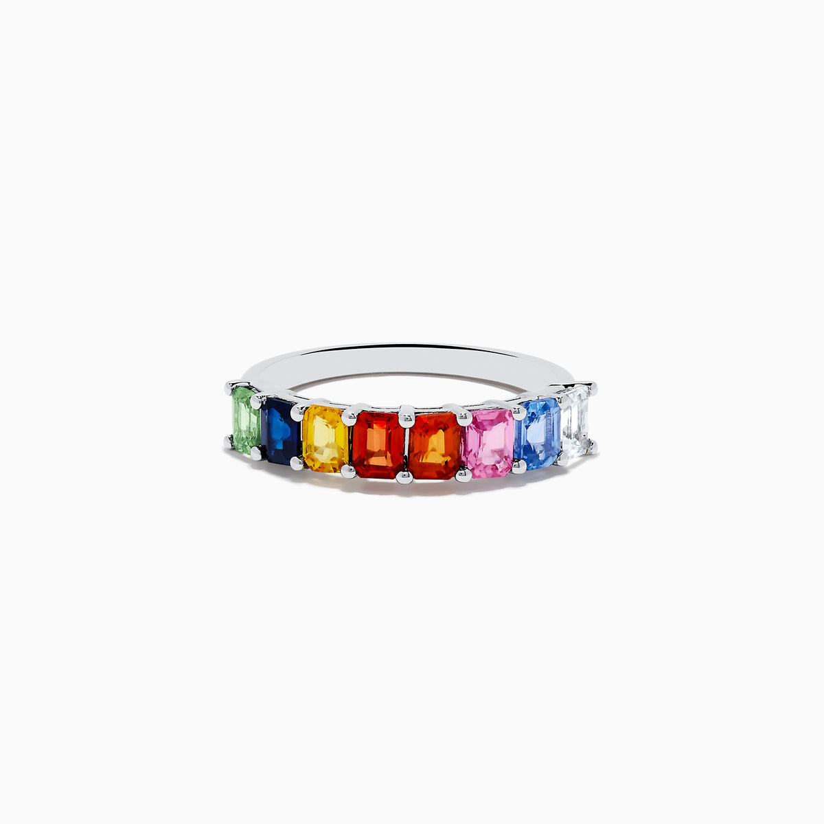 The Watercolors 14K White Gold Multi Sapphire Ring showcases a row of rectangular gemstones in green, blue, yellow, orange, red, pink, and clear hues set side by side across the band.