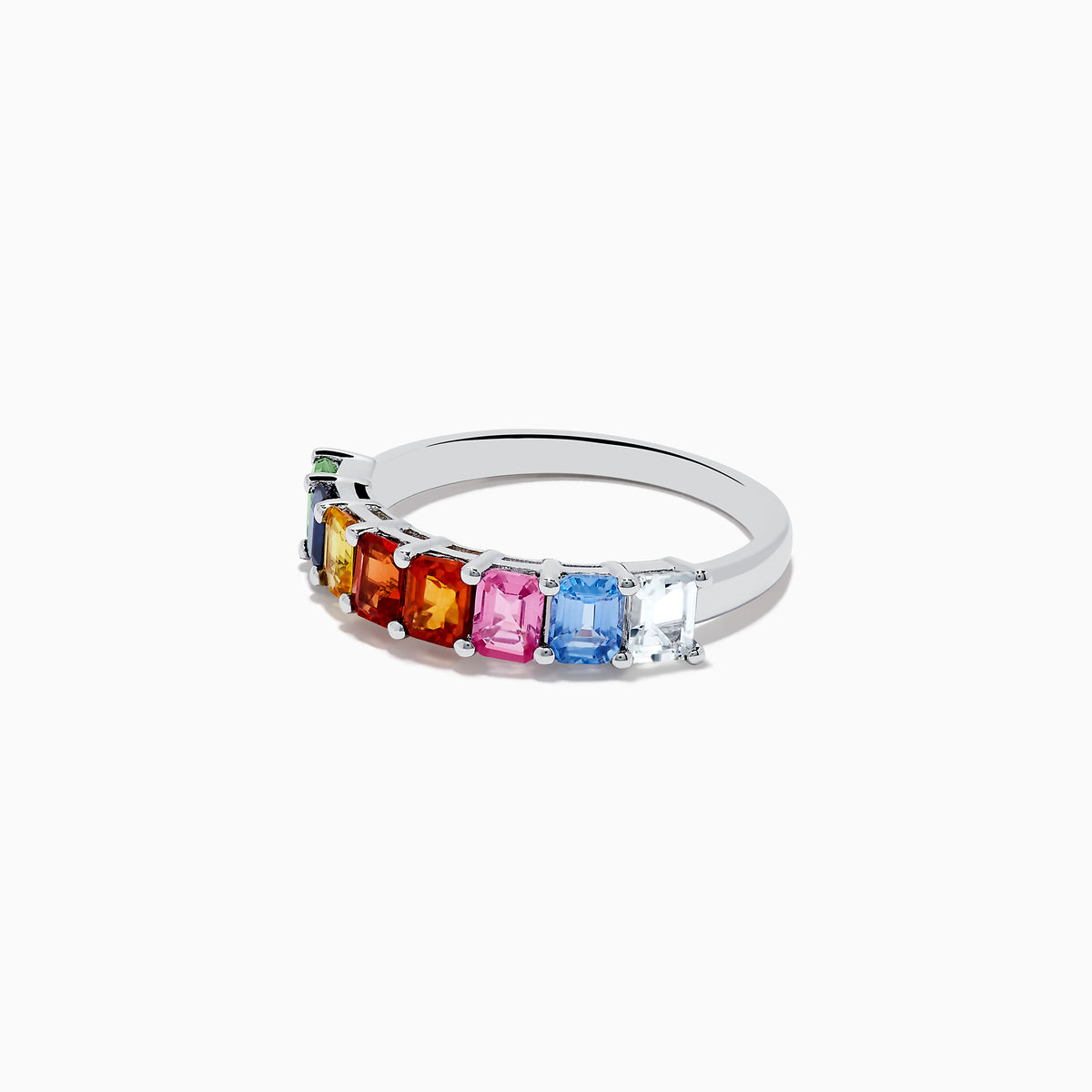 The Watercolors 14K White Gold Multi Sapphire Ring showcases a row of rectangular gemstones in green, blue, yellow, orange, red, pink, and clear hues set side by side across the band.