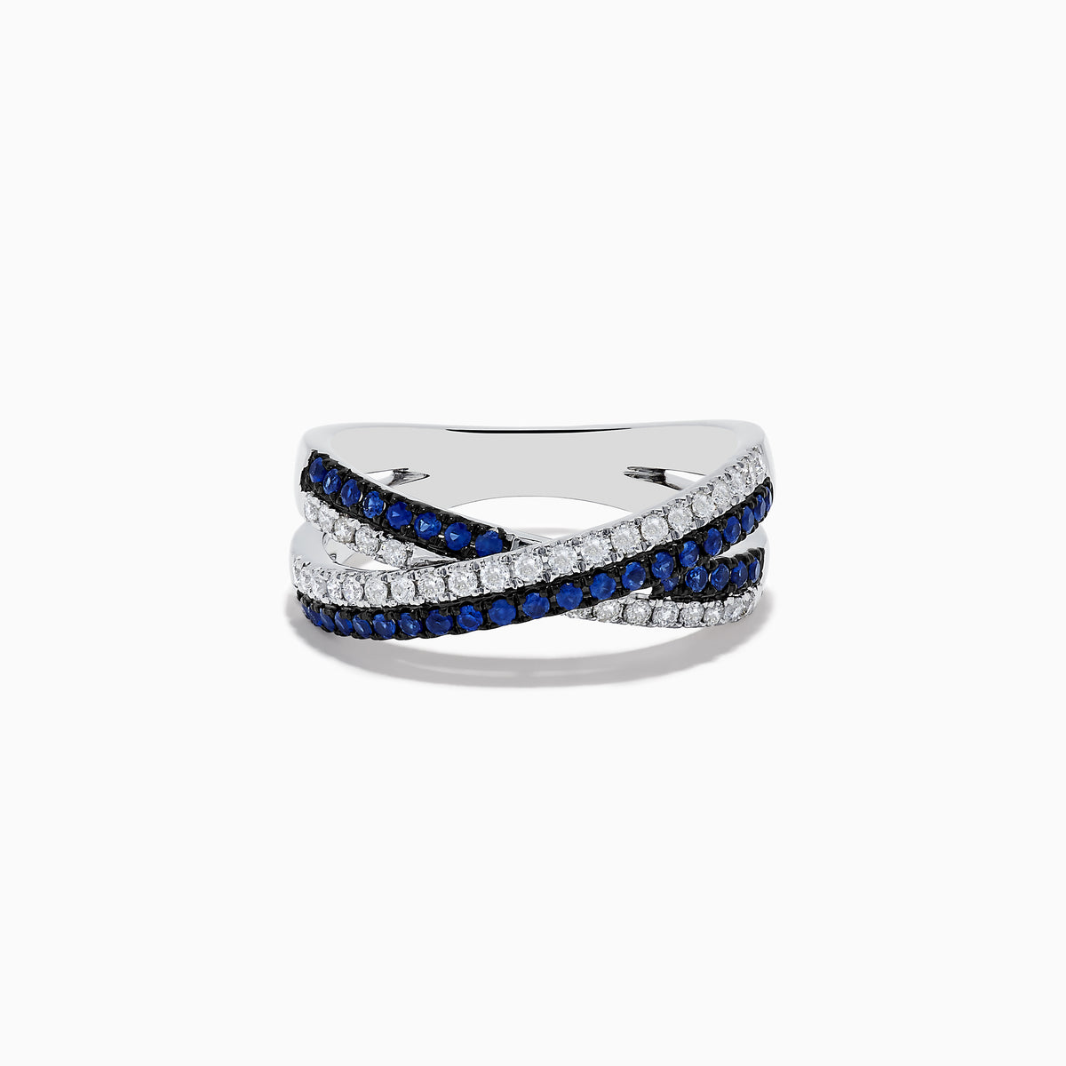 The Royale Bleu 14K White Gold Blue Sapphire and Diamond Criss Cross Ring features an overlapping design with alternating rows of sparkling blue sapphires and diamonds.
