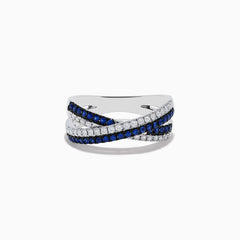 The Royale Bleu 14K White Gold Blue Sapphire and Diamond Criss Cross Ring features an overlapping design with alternating rows of sparkling blue sapphires and diamonds.