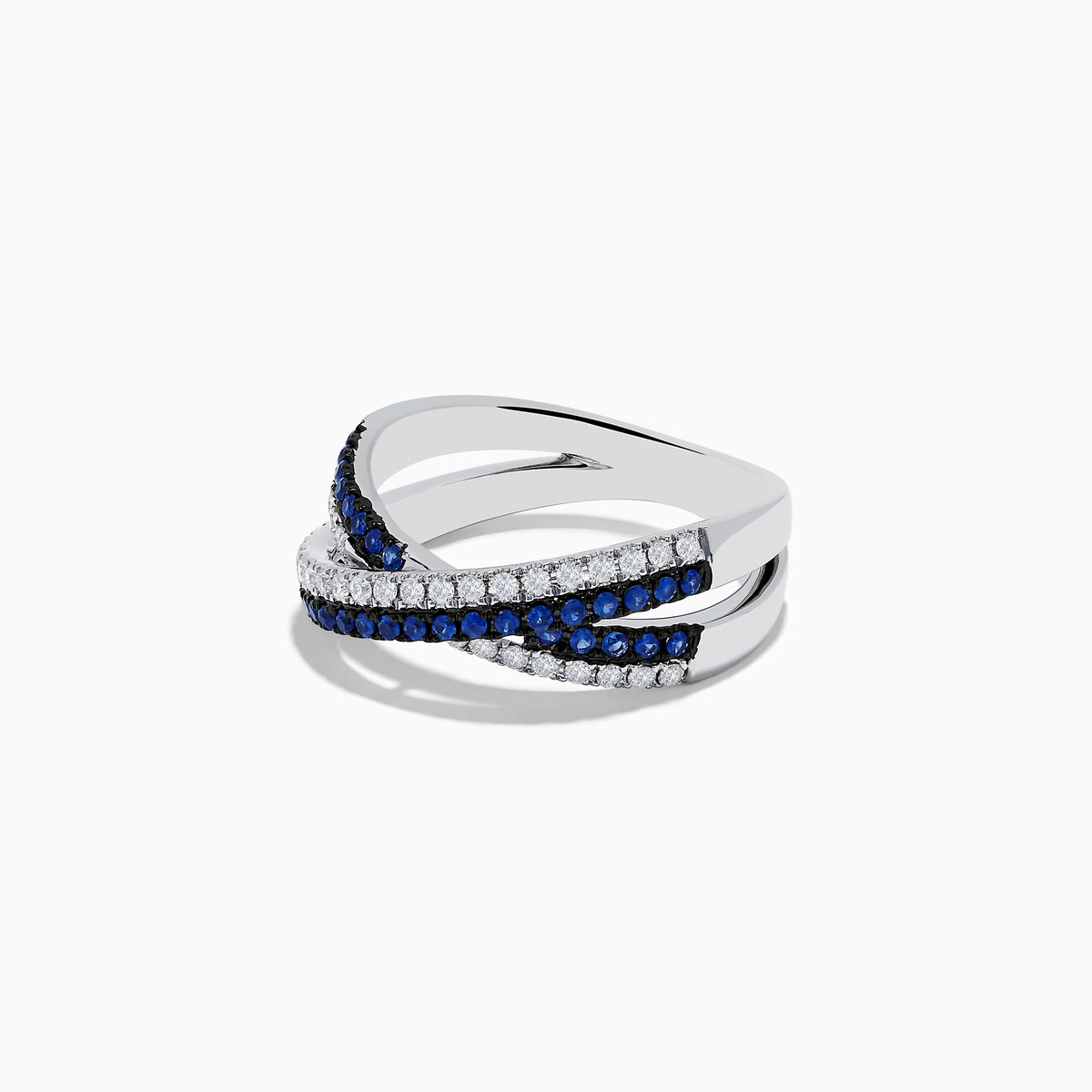 The Royale Bleu 14K White Gold Blue Sapphire and Diamond Criss Cross Ring features an overlapping design with alternating rows of sparkling blue sapphires and diamonds.