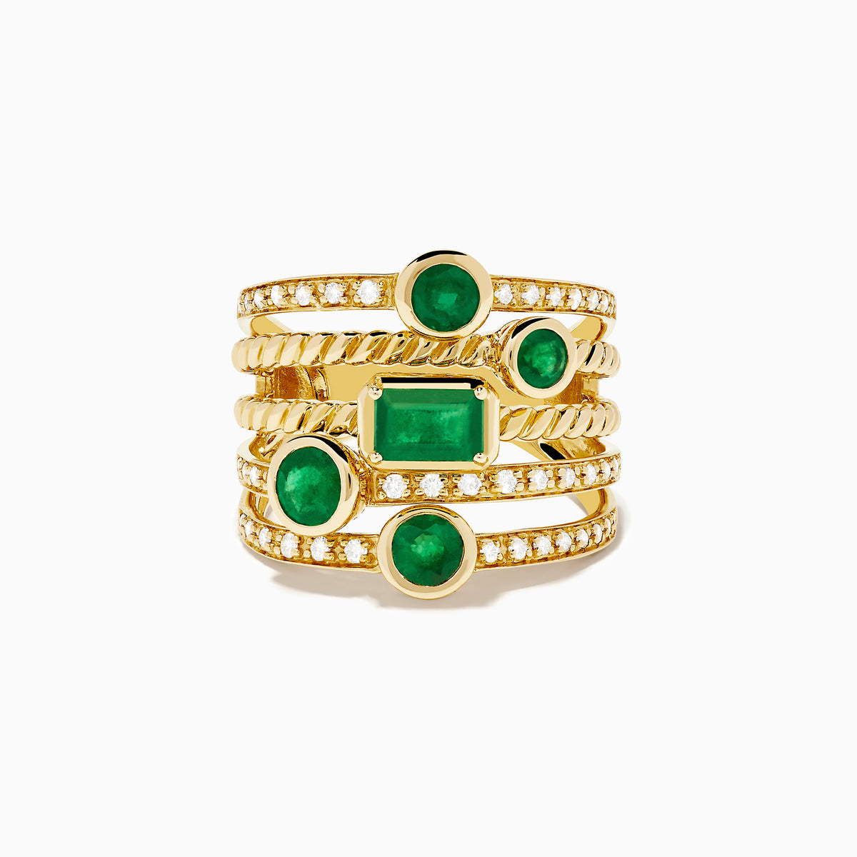 The 14K Yellow Gold Emerald and Diamond Statement Ring features five stacked bands, each adorned with emeralds and white accent stones in an intricate diamond design.