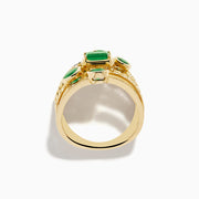The 14K Yellow Gold Emerald and Diamond Statement Ring features five stacked bands, each adorned with emeralds and white accent stones in an intricate diamond design.