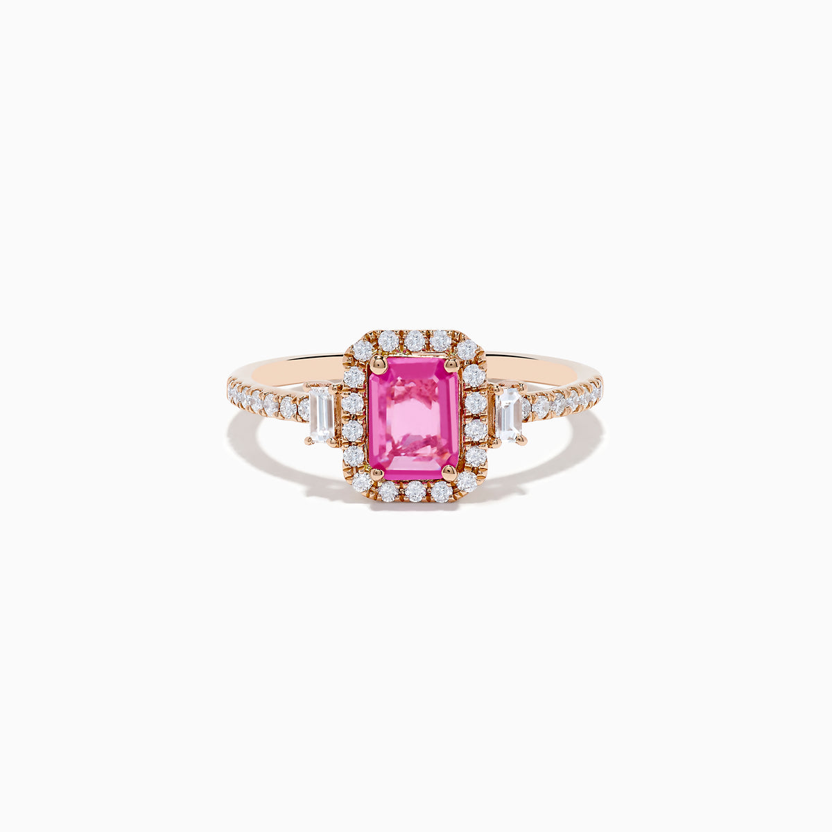 The 14K Rose Gold Pink Sapphire and Diamond Ring showcases a rectangular pink sapphire center, accented by white diamonds around the stone and along the band.