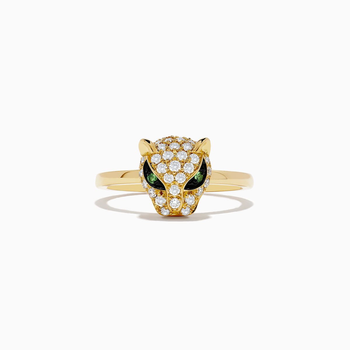 The Signature 18K Yellow Gold Diamond and Tsavorite Panther Ring features a leopard head adorned with white diamonds and two green tsavorite eyes, shown against a plain white background.