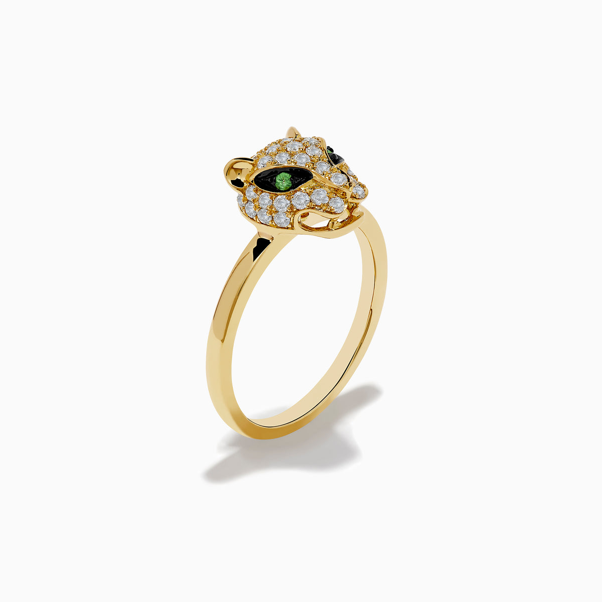 The Signature 18K Yellow Gold Diamond and Tsavorite Panther Ring features a leopard head adorned with white diamonds and two green tsavorite eyes, shown against a plain white background.