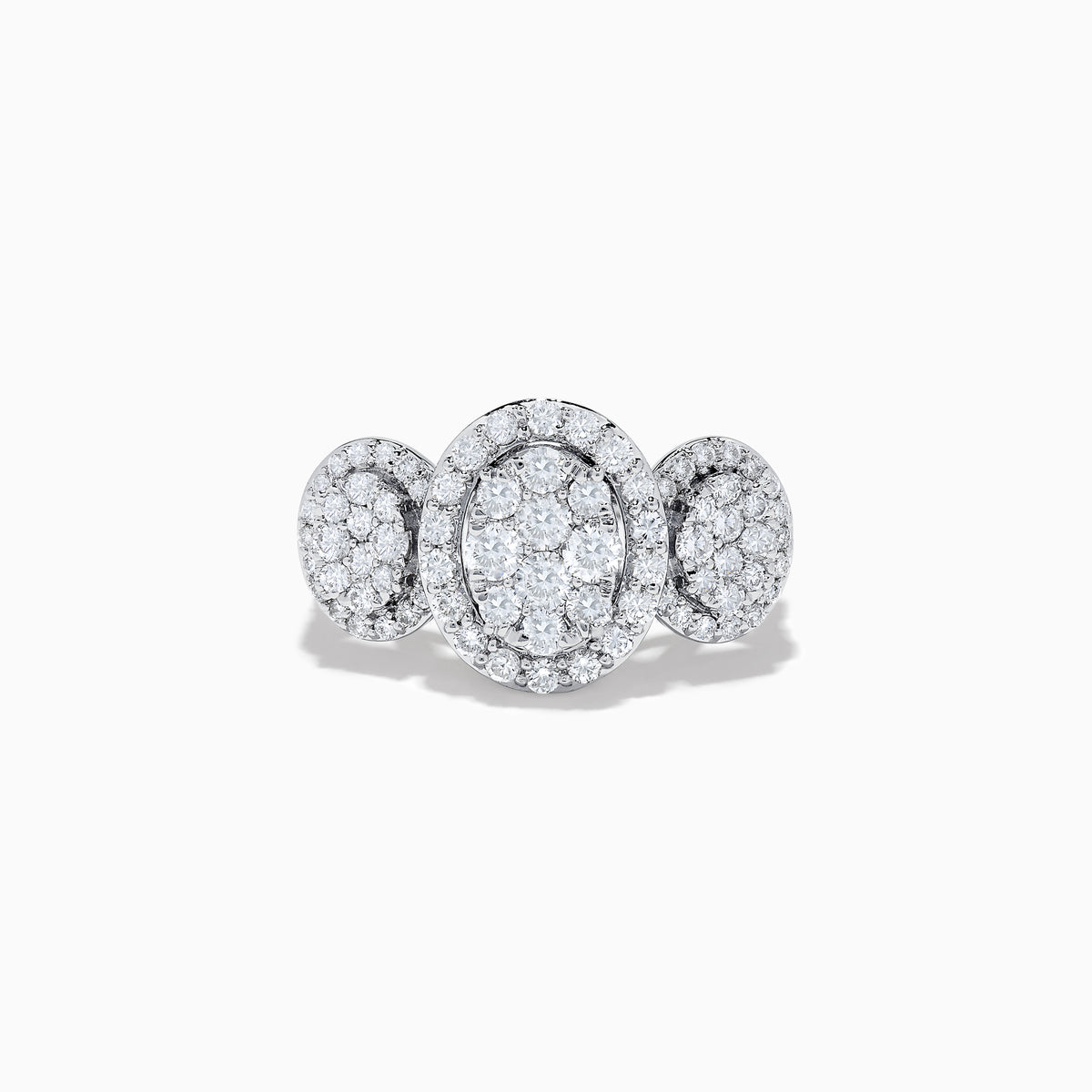The Bouquet 14k White Gold Diamond Cluster Ring (1.40 TCW) by Effy features a central oval cluster flanked by two smaller round clusters, all set in white gold and shown against a plain white background.
