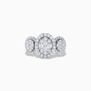 The Bouquet 14k White Gold Diamond Cluster Ring (1.40 TCW) by Effy features a central oval cluster flanked by two smaller round clusters, all set in white gold and shown against a plain white background.