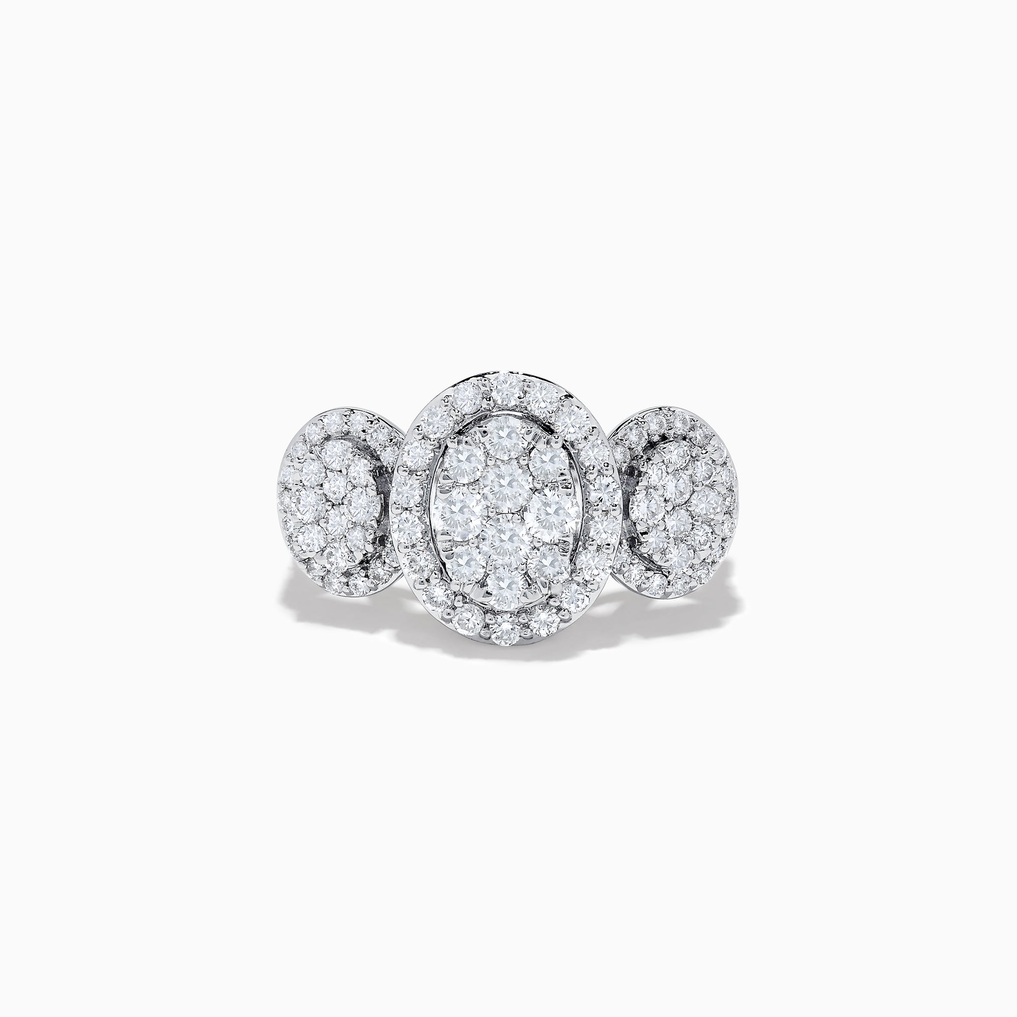 The Bouquet 14k White Gold Diamond Cluster Ring (1.40 TCW) by Effy features a central oval cluster flanked by two smaller round clusters, all set in white gold and shown against a plain white background.