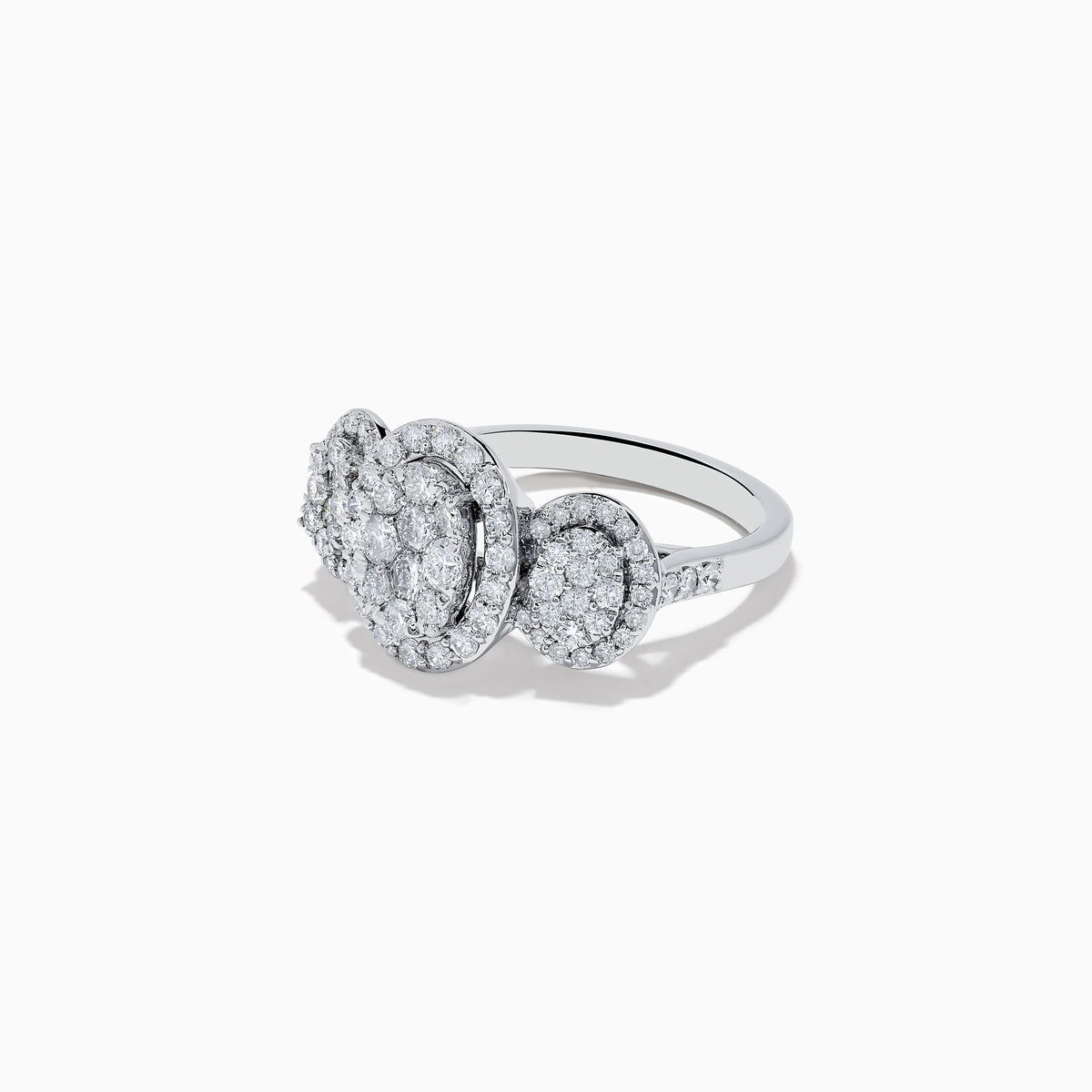 The Bouquet 14k White Gold Diamond Cluster Ring (1.40 TCW) by Effy features a central oval cluster flanked by two smaller round clusters, all set in white gold and shown against a plain white background.