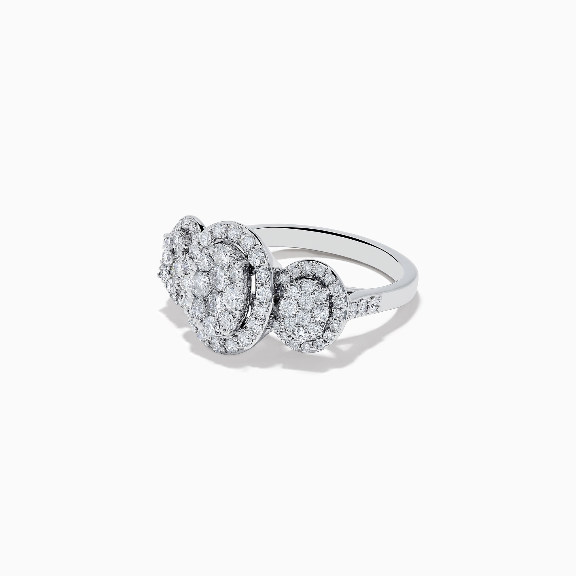 The Bouquet 14k White Gold Diamond Cluster Ring (1.40 TCW) by Effy features a central oval cluster flanked by two smaller round clusters, all set in white gold and shown against a plain white background.
