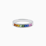 A Watercolors 14K White Gold Multi Sapphire Ring features square-cut rainbow sapphires set side by side around the band, shown on a white background.