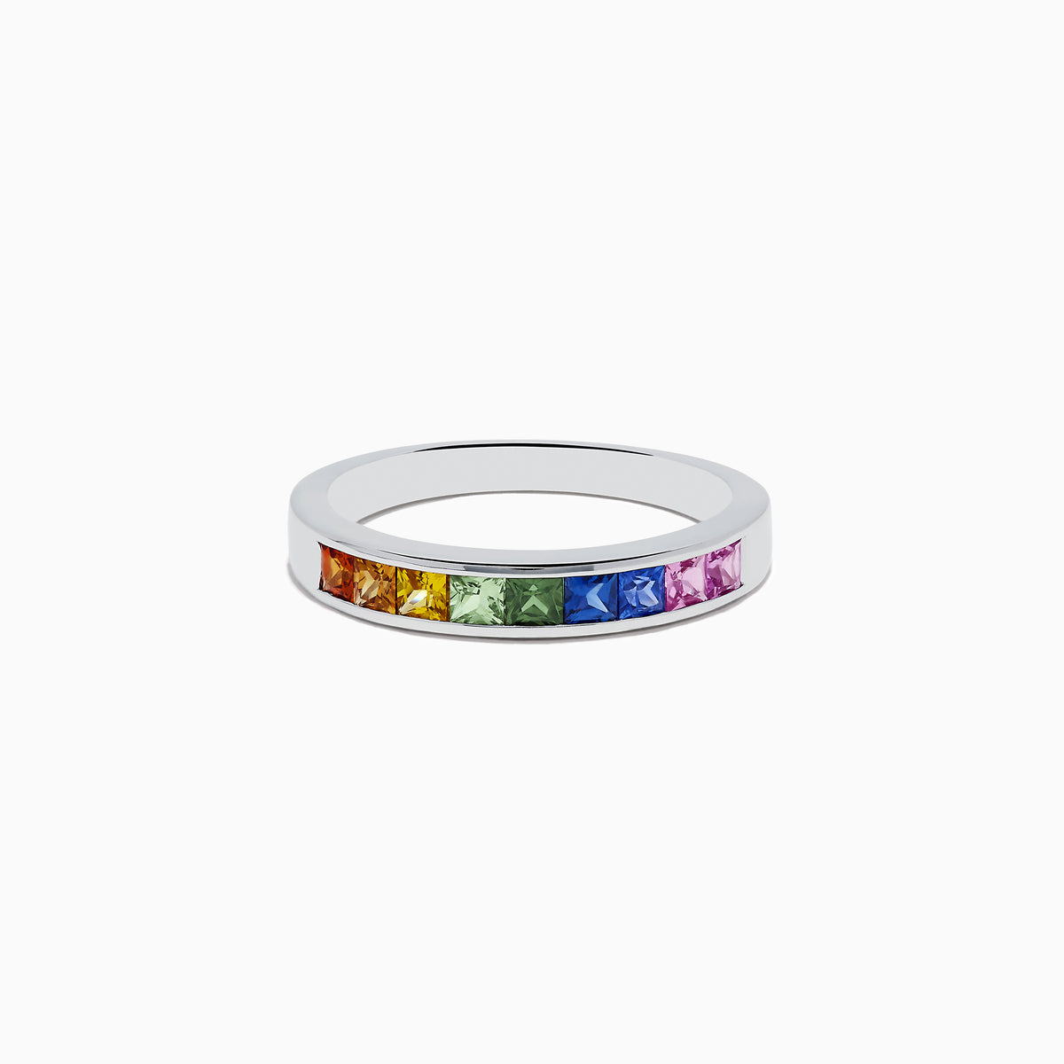 A Watercolors 14K White Gold Multi Sapphire Ring features square-cut rainbow sapphires set side by side around the band, shown on a white background.