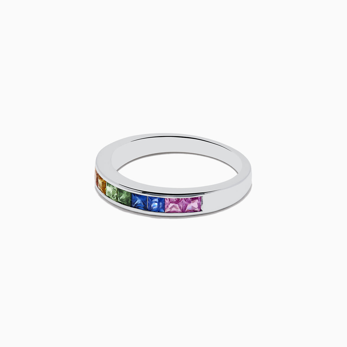 A Watercolors 14K White Gold Multi Sapphire Ring features square-cut rainbow sapphires set side by side around the band, shown on a white background.
