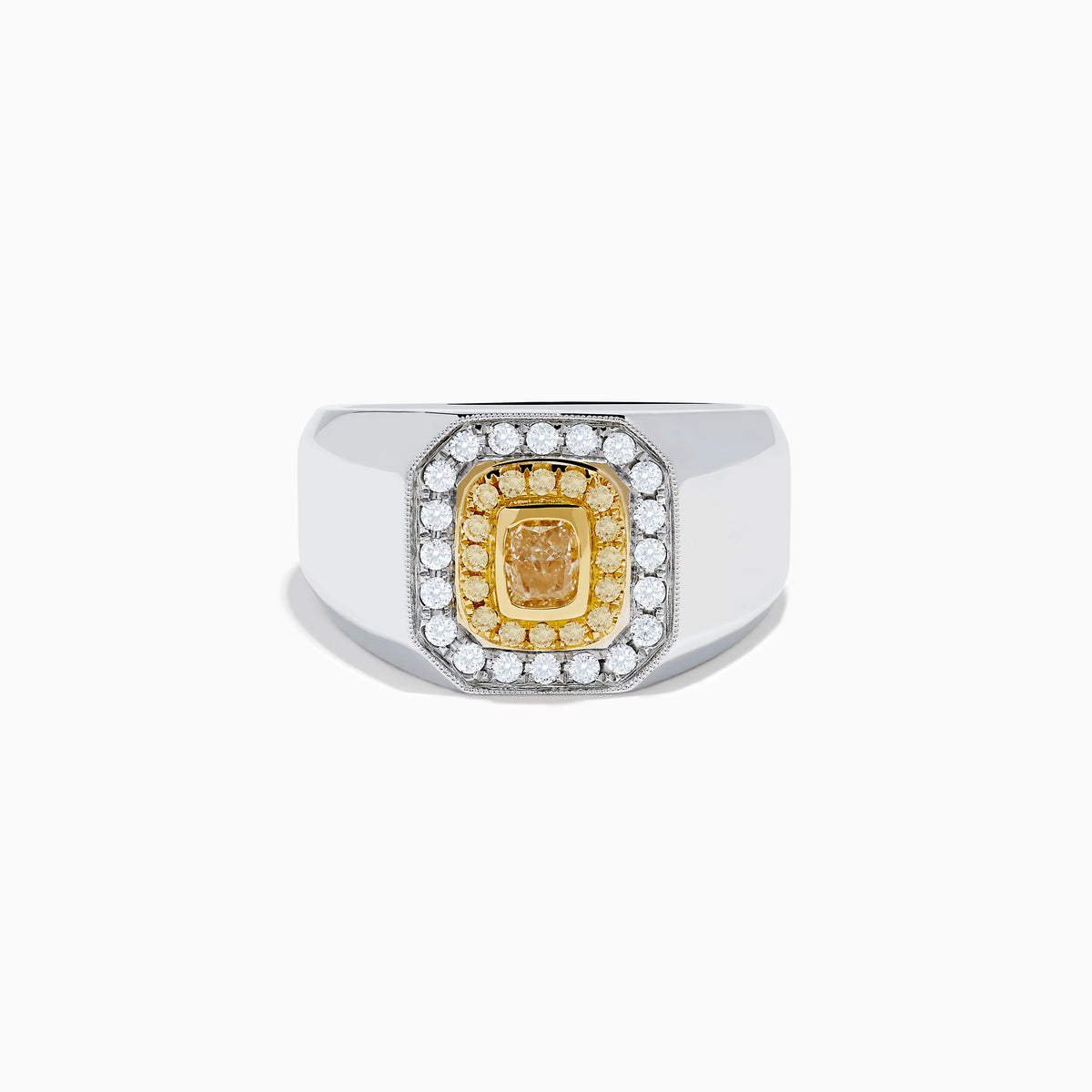 The Mens 18K Two-Tone Gold White and Yellow Diamond Ring features a rectangular face with a central yellow stone, framed by white and yellow diamonds in a bold geometric design.