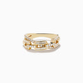 The 14K Yellow Gold Diamond Interlocking Crossover Ring, featuring a geometric chain-like design and 0.46 TCW of rectangular-cut diamonds, is shown on a white background.