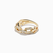 The 14K Yellow Gold Diamond Interlocking Crossover Ring, featuring a geometric chain-like design and 0.46 TCW of rectangular-cut diamonds, is shown on a white background.