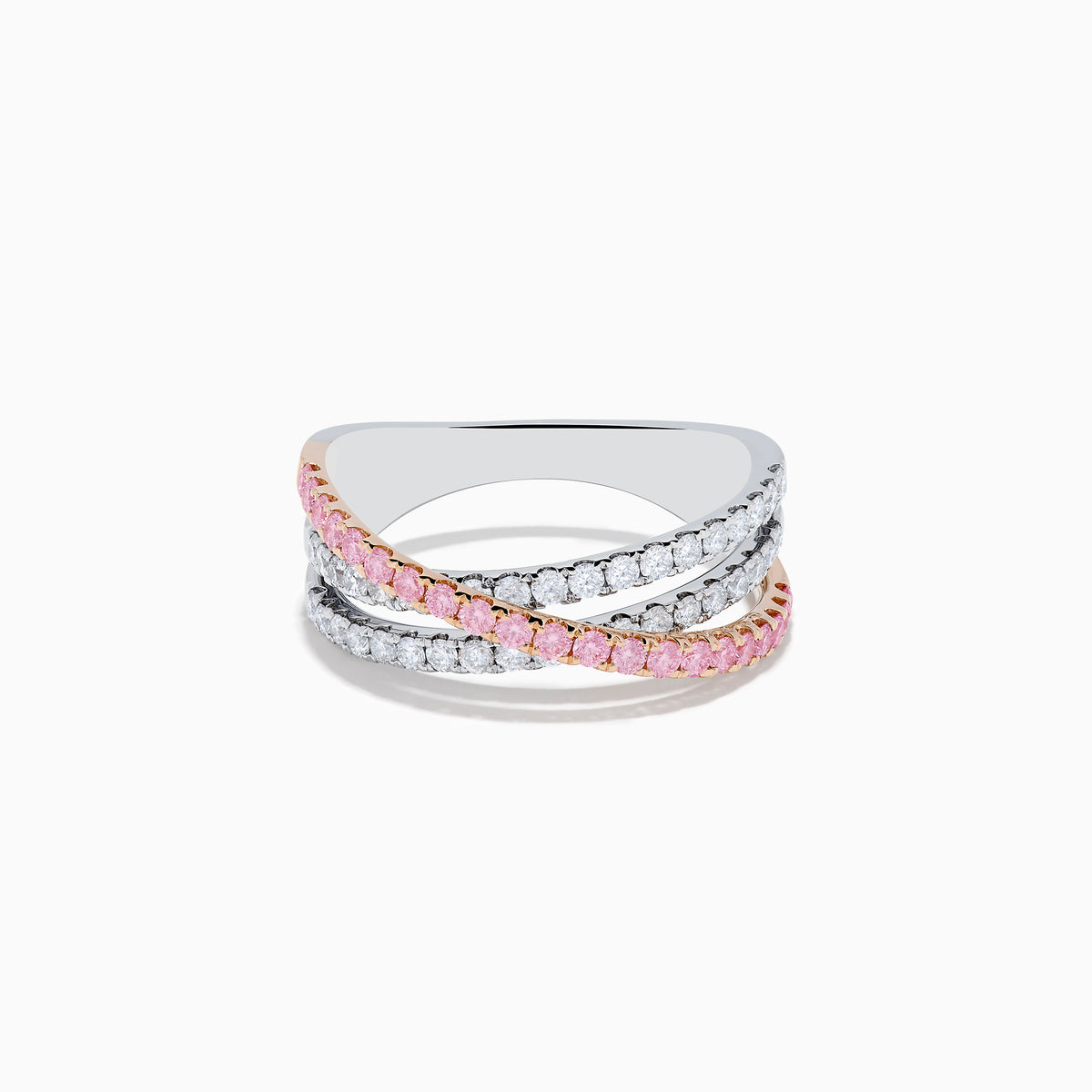 The 14K Two Tone Gold White and Pink Diamond Crossover Ring features three intersecting bands—two adorned with sparkling white and pink diamonds—shown on a white background.