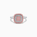 The 14K Two-Tone Pink and White Diamond Ring showcases two rows of pink stones, a center with smaller pink gems, and an outer border of white diamonds on a silver band accented with side-set diamonds.