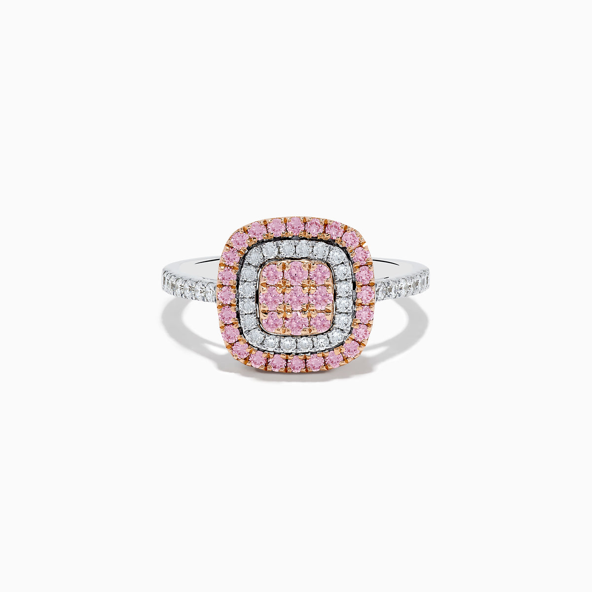 The 14K Two-Tone Pink and White Diamond Ring showcases two rows of pink stones, a center with smaller pink gems, and an outer border of white diamonds on a silver band accented with side-set diamonds.