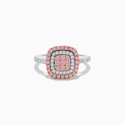 The 14K Two-Tone Pink and White Diamond Ring showcases two rows of pink stones, a center with smaller pink gems, and an outer border of white diamonds on a silver band accented with side-set diamonds.