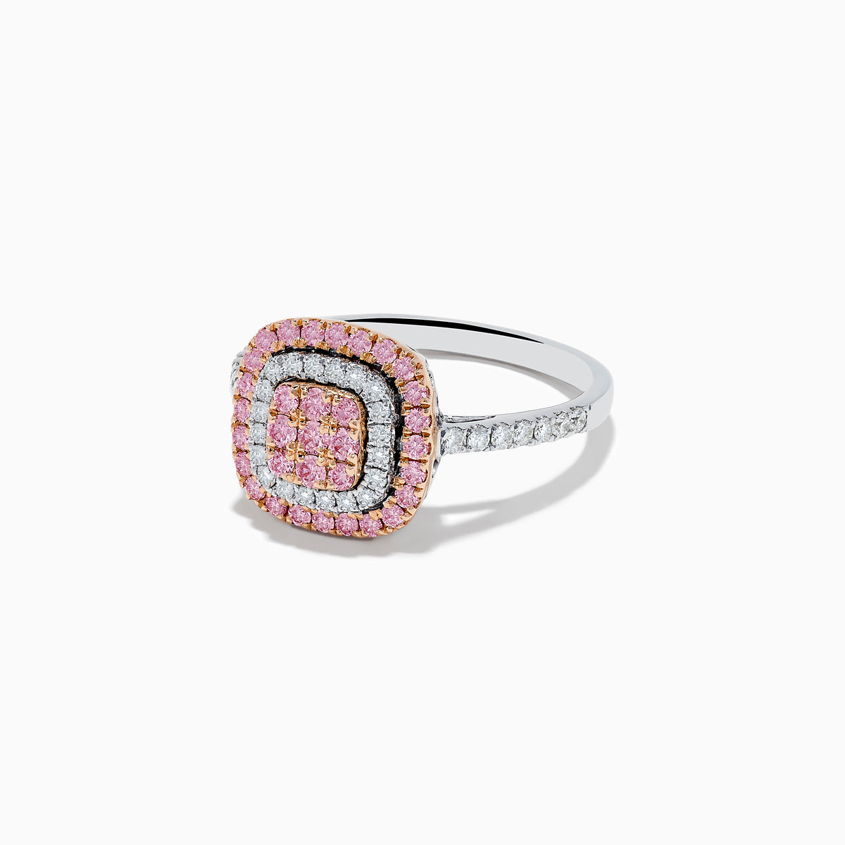 The 14K Two-Tone Pink and White Diamond Ring showcases two rows of pink stones, a center with smaller pink gems, and an outer border of white diamonds on a silver band accented with side-set diamonds.