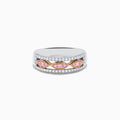 The 14K Two Tone Gold White and Pink Diamond Ring features a wide silver band with a central row of pink marquise stones set in 14K gold, bordered by sparkling white diamonds.