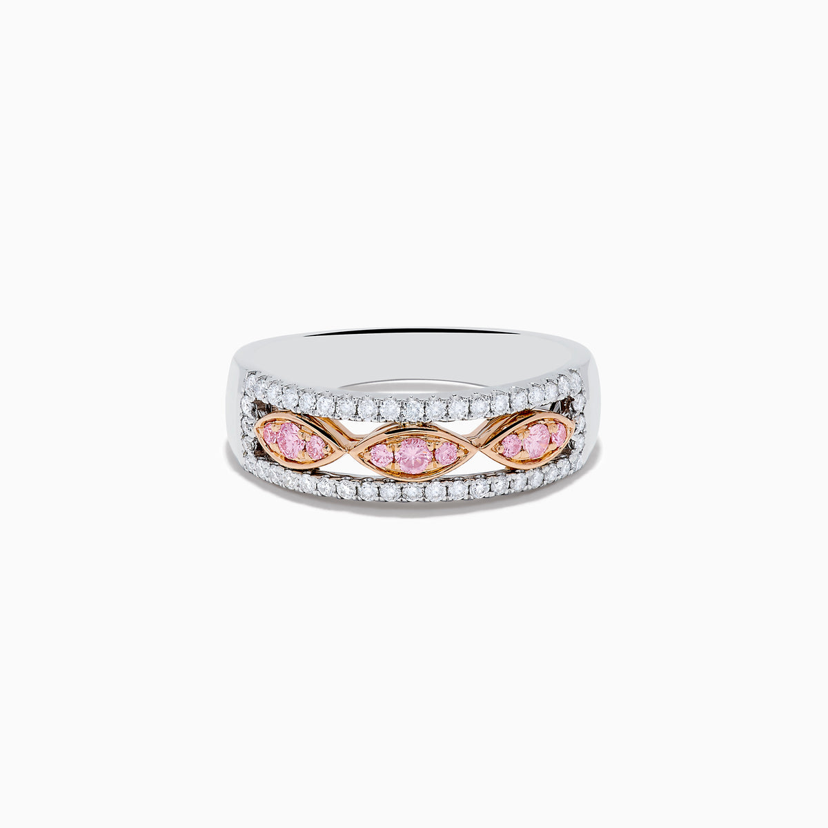The 14K Two Tone Gold White and Pink Diamond Ring features a wide silver band with a central row of pink marquise stones set in 14K gold, bordered by sparkling white diamonds.