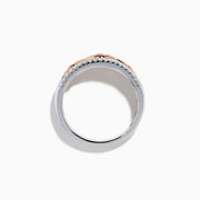 The 14K Two Tone Gold White and Pink Diamond Ring features a wide silver band with a central row of pink marquise stones set in 14K gold, bordered by sparkling white diamonds.